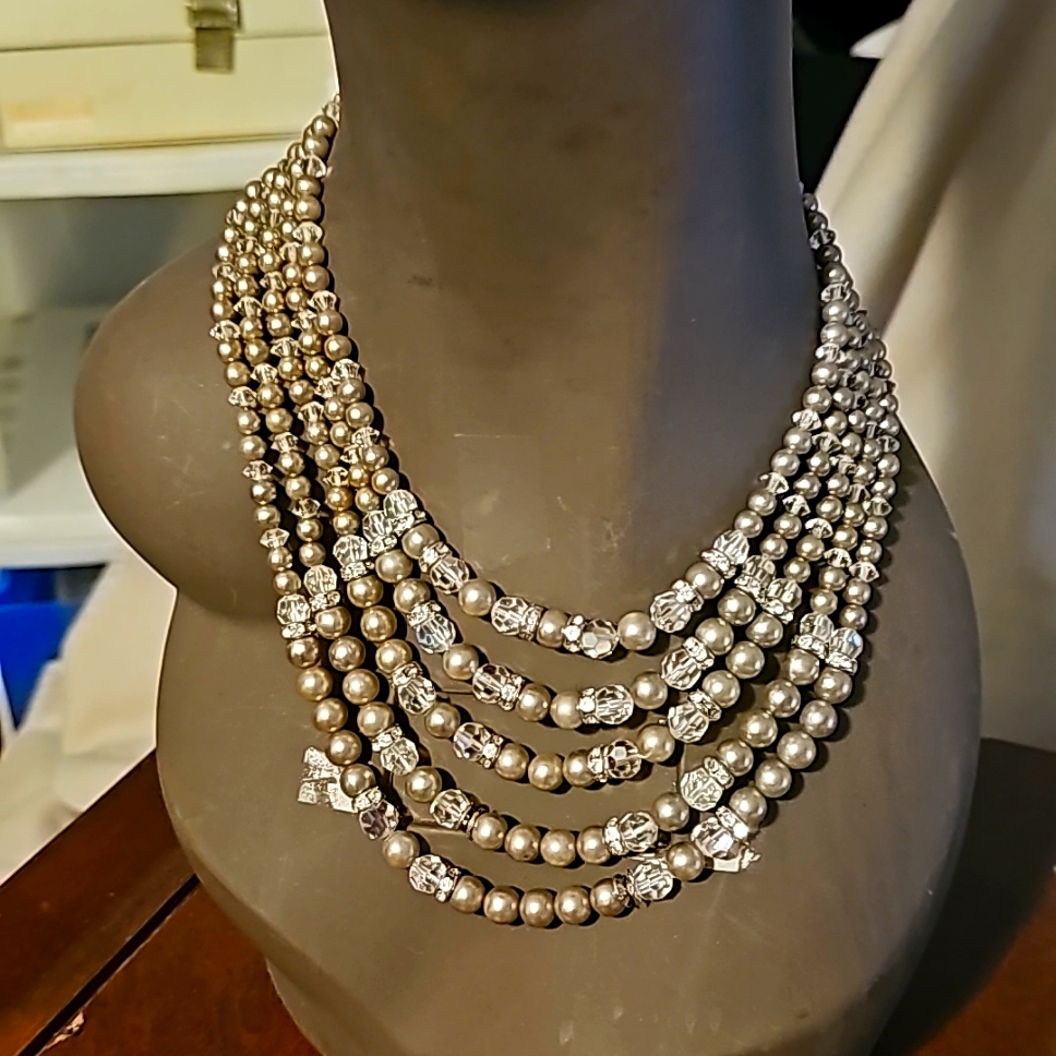Mid Century Ab Crystal Bead Necklace, Faux Pearls, Aurora Borealis, 1960 Vintage